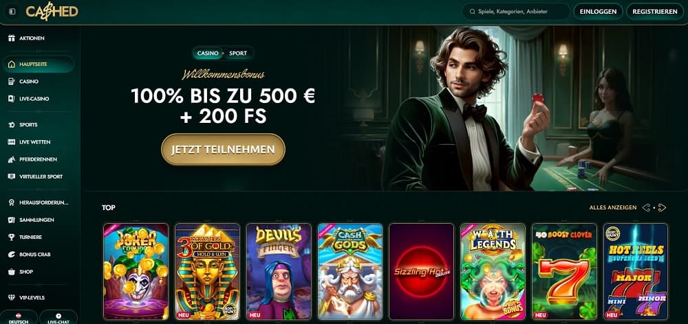 Eine elegante Cashed Online-Casino-Homepage mit dunklem Design und neon-grünen Akzenten, die einen 200% Bonus, Kryptowährungsintegration und verschiedene Glücksspieloptionen wie Slots, Live-Casino und Sportwetten bewirbt.